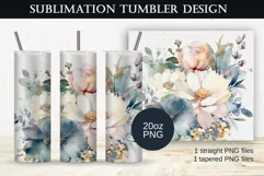 Watercolor Blue Flowers Tumbler Sublimation Design, PNG 20oz Product Image 2