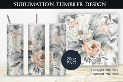 Watercolor Dusty green Light Pink Flower Tumbler Sublimation Product Image 1
