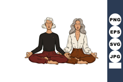 Two mature women practicing meditation in lotus pose for wel Product Image 1