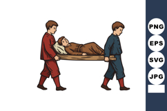 Two boys carrying a woman on a stretcher vintage illustratio Product Image 1