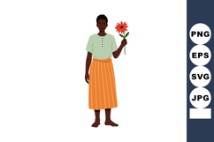 Woman holding red flower in striped orange skirt and light g Product Image 1