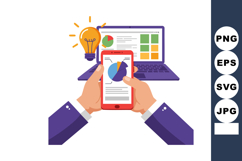 Hands Holding Smartphone with Pie Chart and Laptop Showing G Product Image 1