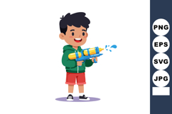 Boy with water gun wearing green hoodie and red shorts playi Product Image 1