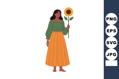 Woman holding sunflower wearing green blouse and orange skir Product Image 1