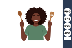 Young woman holding wooden kitchen utensils cooking and smil Product Image 1