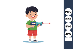 Boy playing with blue water gun in green shirt and red short Product Image 1