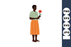 Person holding red flower standing barefoot in orange skirt Product Image 1