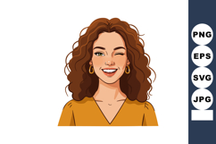 Smiling woman with curly hair winking wearing yellow top and Product Image 1