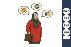 Elderly woman with briefcase and speech bubbles showing sun Product Image 1