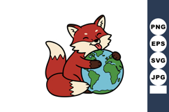 Fox hugging globe earth smiling tongue out cute animal illus Product Image 1