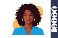 Woman with curly hair wearing blue shirt and gold hoop earri Product Image 1