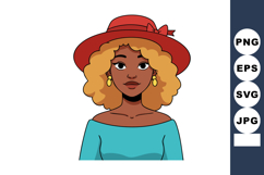 Woman with curly hair wearing red hat and blue top portrait Product Image 1
