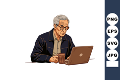 Elderly man working on laptop holding coffee cup in casual j Product Image 1
