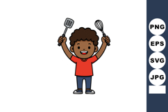 Happy boy cooking utensils holding spatula and whisk in red Product Image 1