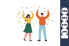 Celebrating man and woman with raised arms and colorful conf Product Image 1
