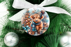 4 Vintage Christmas Bull Round Ornaments, Xmas Sublimation Product Image 3