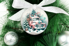4 Vintage Christmas Truck Round Ornaments, Xmas Sublimation Product Image 3