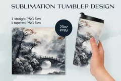 Tumbler sublimation design with watercolor chinese landscape Product Image 1