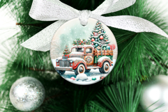 4 Vintage Christmas Truck Round Ornaments, Xmas Sublimation Product Image 4