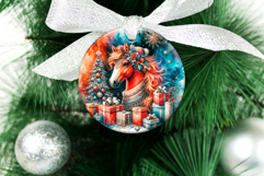 4 Christmas Red Fire Horse Round Ornaments, Xmas Sublimation Product Image 5