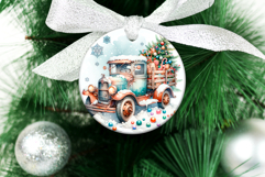 4 Vintage Christmas Truck Round Ornaments, Xmas Sublimation Product Image 5
