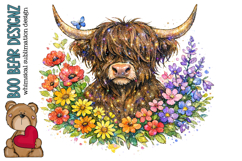 Floral Glitter Highland Cow Clipart Product Image 1