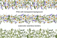 Watercolor Daisies and Lavender, Seamless Floral Border Png Product Image 2