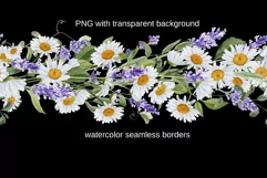 Watercolor Daisies and Lavender, Seamless Floral Border Png Product Image 3