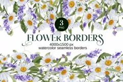 Watercolor Daisies and Lavender, Seamless Floral Border Png Product Image 1