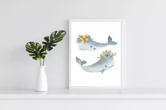 Cute Whales watercolor clipart. Sea animal character design. Product Image 3