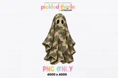Digital Halloween graphic with a camouflage sheet ghost in earthy green, beige and brown tones, finished with a heavily painted textured look.