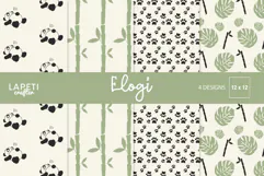 Panda digital paper collection with bamboo paw prints and leafy patterns