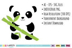 Sweet panda character holding a green bamboo branch on a transparent background
