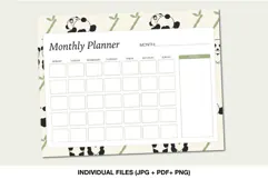 Printable panda monthly planner with bamboo border, calendar grid and large notes section