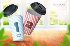 Realistic paper coffee cup mockup of two cups in bright room with big window