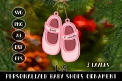 Paper cut Baby Christmas ornament svg template with layered baby girl shoes and customizable text