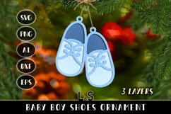 Paper cut baby Christmas ornament svg template with layered baby boy shoes and customizable text