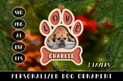 Paper cut Christmas ornament svg template with layered dog paw and bone design and possibility to add photo and name
