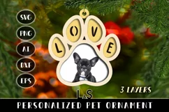 Paper cut Christmas ornament svg template with layered dog paw and possibility to add pet photo