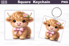 Cute Pastel Highland Cow Square Keychain Sublimation Product Image 1