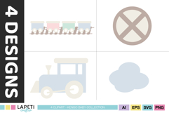 Soft train illustration for newborn scrapbook layouts and baby albums.