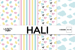Four pastel baby digital papers featuring birds butterflies clouds and coordinating stripes