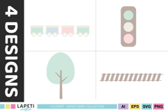 Pastel transport clipart for nursery themed baby stationery.