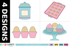 Cute kitchen baking graphics in soft pink blue and cream colors