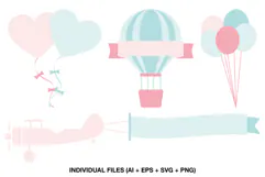 Four pastel pink and blue illustrations for baby showers and gender reveal celebrations