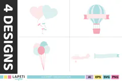 Coordinated pastel celebration graphics with balloons and blank message areas