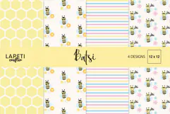 Pastel bee digital paper collection with honeycomb flowers and striped patterns
