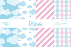 Pastel blue and pink digital papers with clouds stripes and plaid