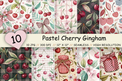 Pastel Cherry Gingham Digital Paper, Seamless Watercolor Fruit Pattern Pack, Printable Scrapbook Paper, Summer Red Design Bundle