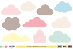 Cute pastel cloud SVG bundle with 10 soft colorful clouds, perfect for nursery wall art, baby decor and kids crafts.